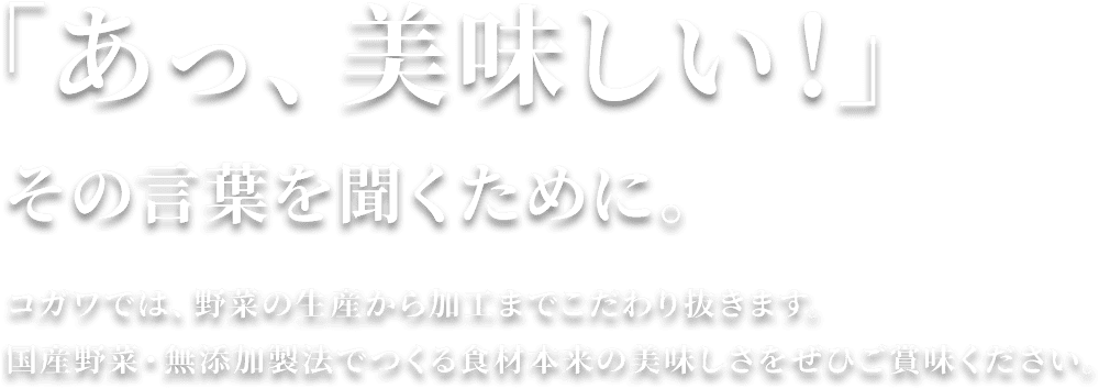 「あっ、美味しい！」その言葉を聞くために。コガワでは、野菜の生産から加工までこだわり抜きます。国産野菜・無添加製法でつくる食材本来の美味しさをぜひご賞味ください。